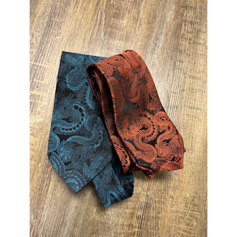 J. Ferrar Dragon Jacquard Necktie Set Teal & Orange Woven Silk-Look Ties 2pc